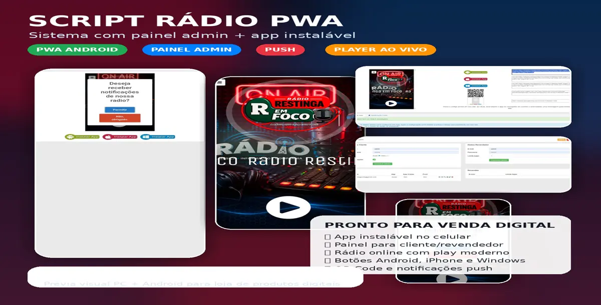 SCRIPT RÁDIO PWA — PAINEL ADMIN + APP INSTALÁVEL + REVENDA